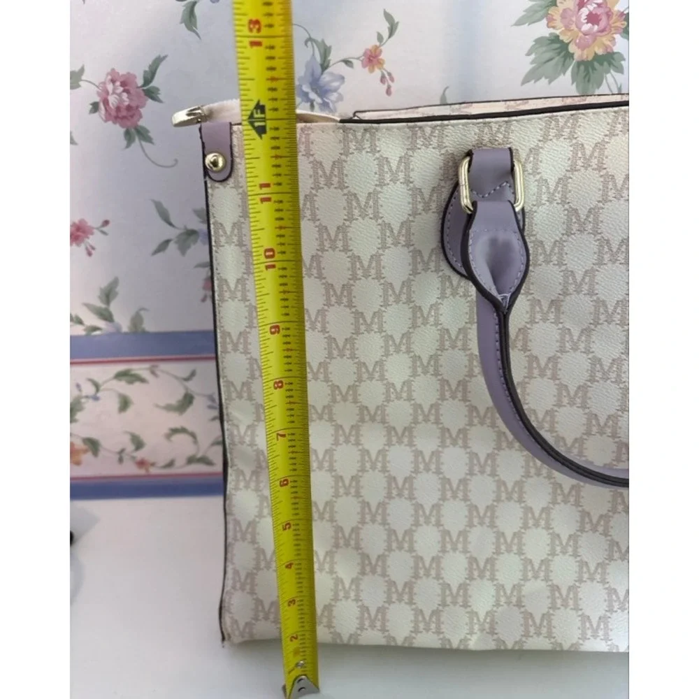 Mia K Farrow Collection Monogram Tote Bag Cream Lavender Purple Tan M Logo Large